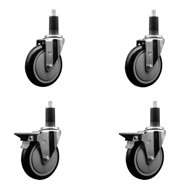 Service Caster 5'' Black Poly Wheel Swivel 1-1/4'' Expanding Stem Caster Set 2 Brakes, 4PK SCC-EX20S514-PPUB-BLK-2-PLB-2-114 - main